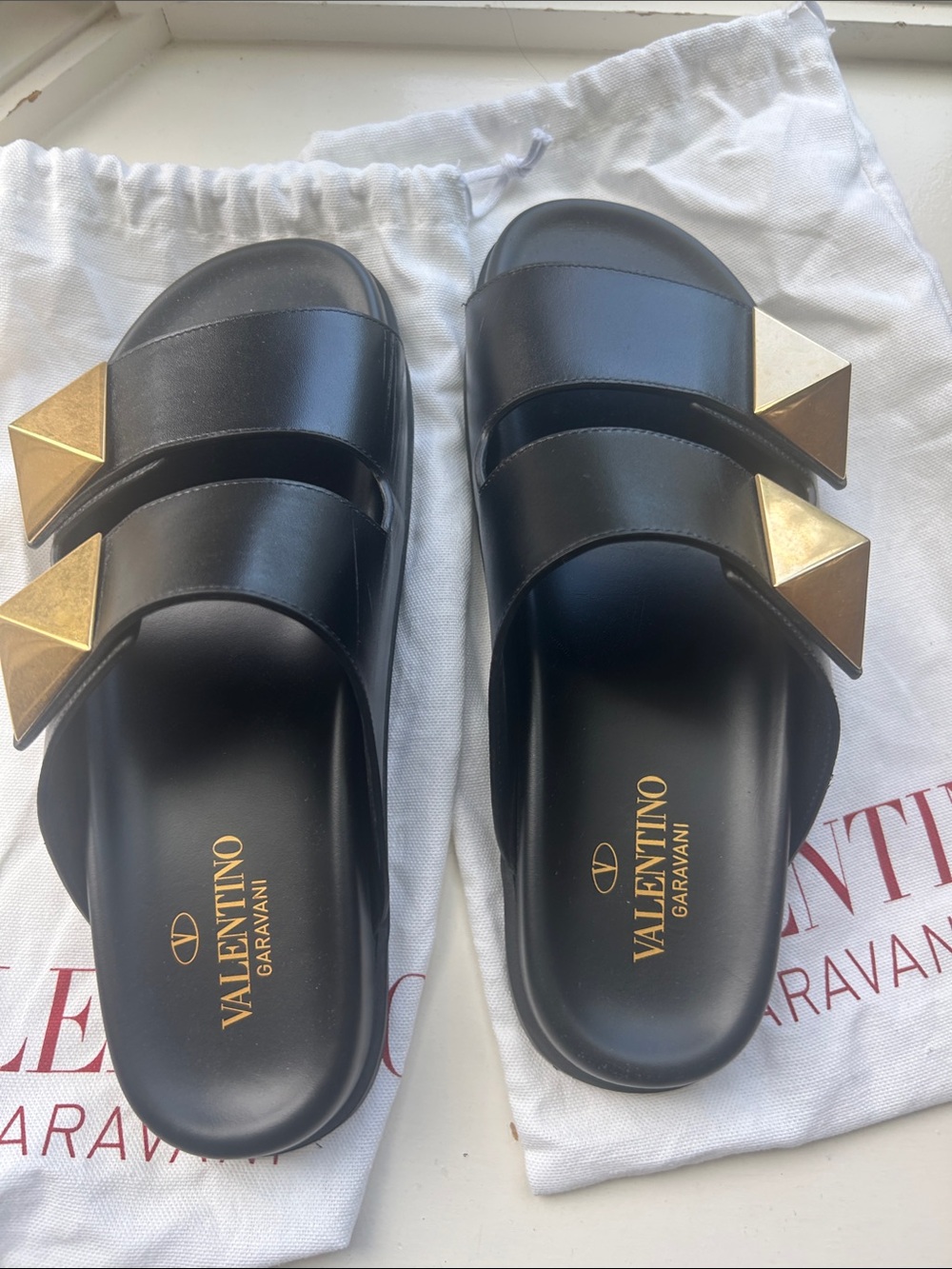 Valentino Garavani Black Leather Slides with Gold Pyramid Studs - Picture 5 of 5